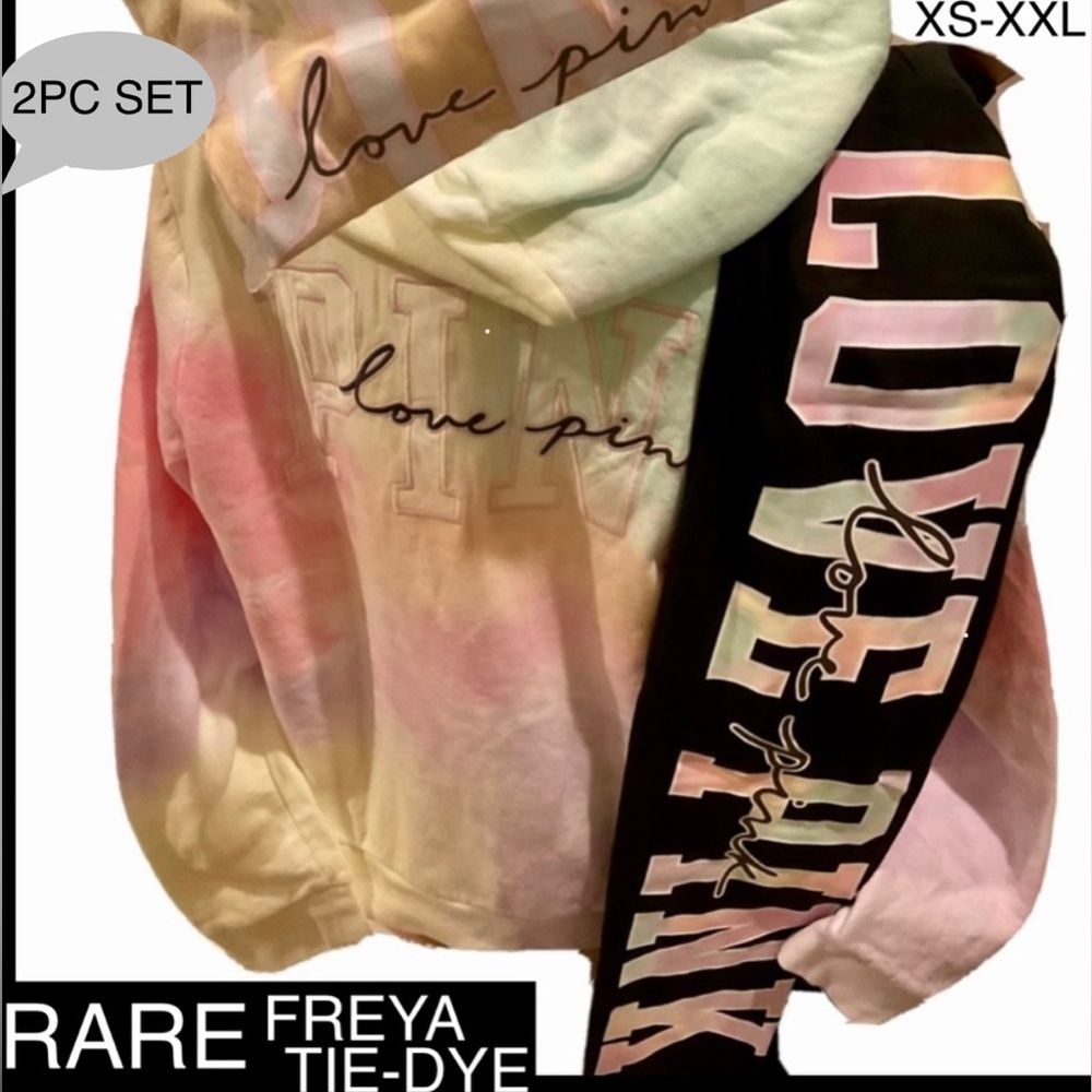 NEW LOT VICTORIAS SECRET PINK RARE FULL ZIP HOODIE & LEGGINGS FREYA TIE DYE